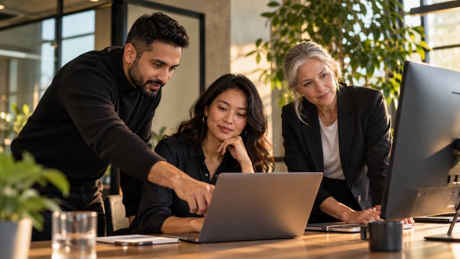 A diverse team working together with a laptop and display